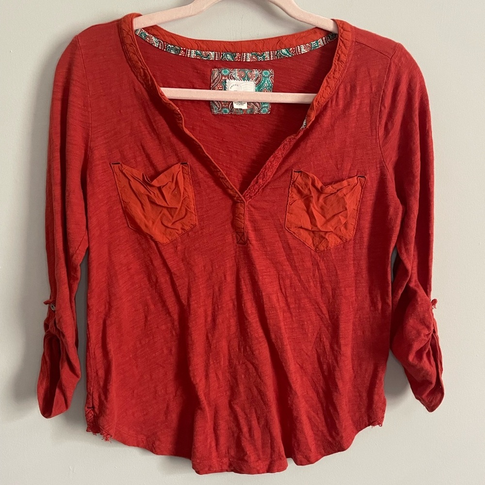Anthropologie Postmark Orange 3/4 Sleeve V-Neck Top with Lace Accents